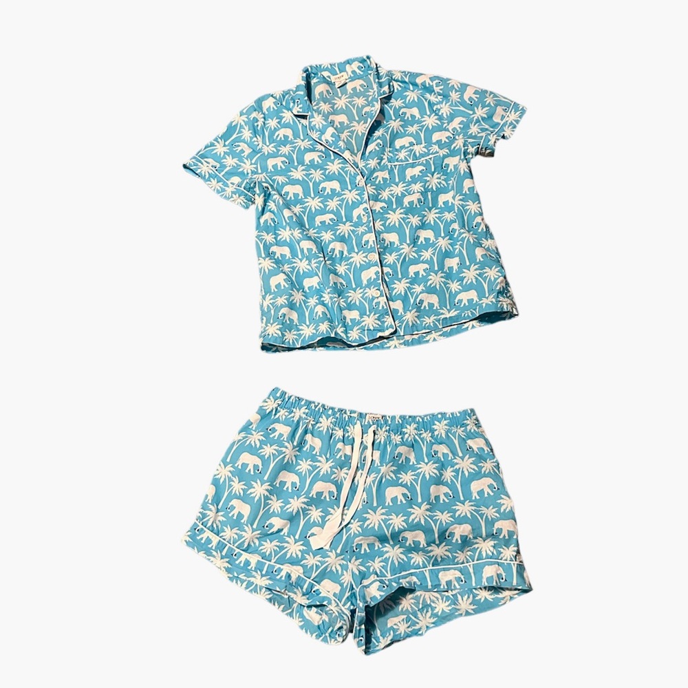 J. Crew Blue and White Elephant Print Short Pajama Set